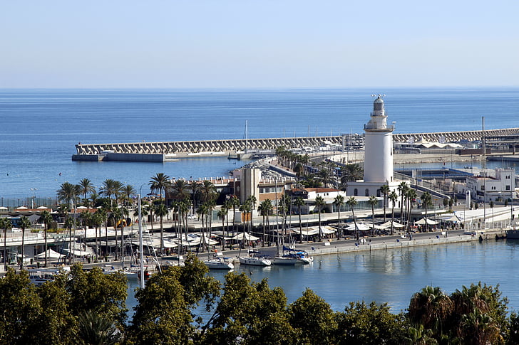 våren, hamn, Lighthouse, Malaga, gatlykta, landskap, havet