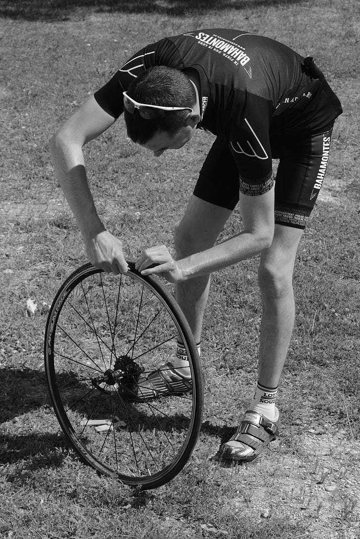 bad luck, professional road bicycle racer, flat tire, repair, wheel, bicycle wheel, black And White