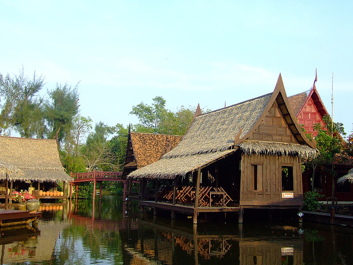 cases, fusta, Tailàndia, tailandès, riu, asiàtic, flotant