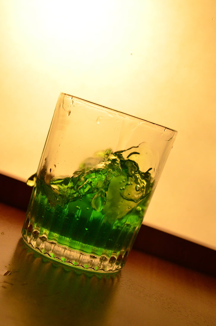liquid, green, glass, splash, pouring, alcohol, drink