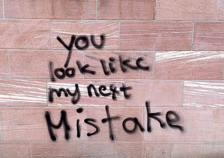 Graffiti, pared, edificio, ladrillo, diciendo:, vandalismo, error