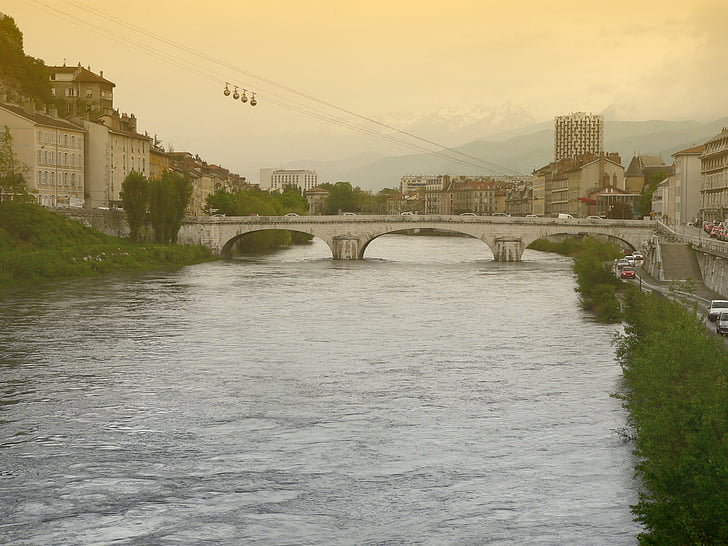 Grenoble, Franciaország, felvonó, régi, francia, Ívhíd, híd
