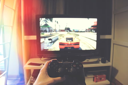 TV, monitorius, ekranas, PlayStation, svetainė, Žaidimai, atsipalaiduoti