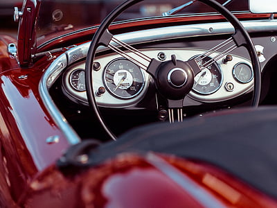 oldtimer, convertible, red, speedometer, classic, chrome, car