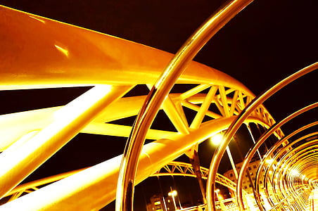 nuit, sombre, lumière, jaune, pont, moderne, architecture