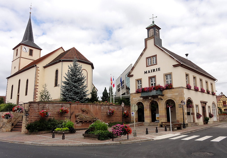 betschdorf, alsace, france, protestant church, town hall, administration, buildings