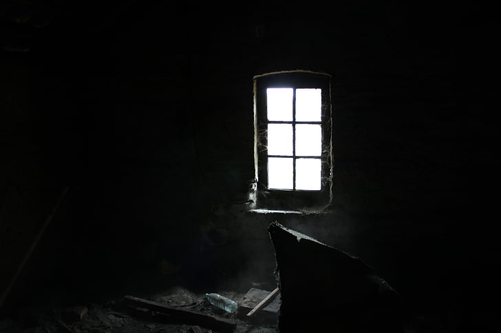 ventana, oscuro, ático, polvo, tela de araña, manera sombría, luz