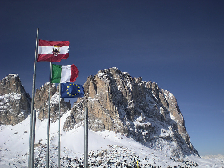 Dolomitas, banderas, paisaje, montaña, Europa, Alpine, Alpes