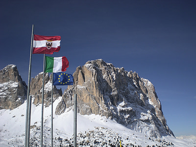 dolomites, flags, landscape, mountain, europe, alpine, alps