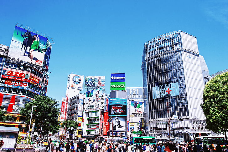 ľudia, v blízkosti zariadenia:, vysoká, vzostup, budovy, Japonsko, Tokio