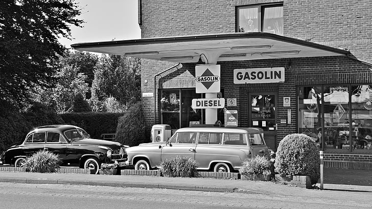 bensinstationer, Oldtimer, gammal bensinstation, historiskt sett, bensinpump, bensin, bränsle