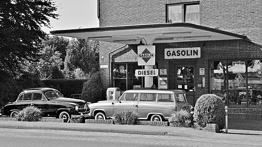 bensinstationer, Oldtimer, gammal bensinstation, historiskt sett, bensinpump, bensin, bränsle