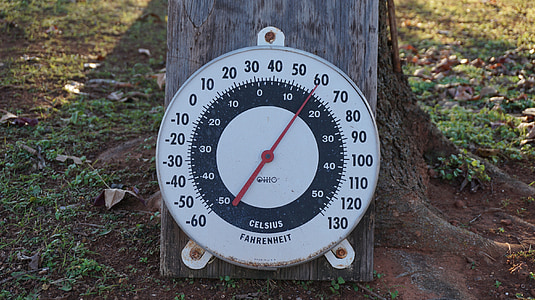 Fahrenheit, c, temperatura, o ar, números, círculo, medidor de temperatura