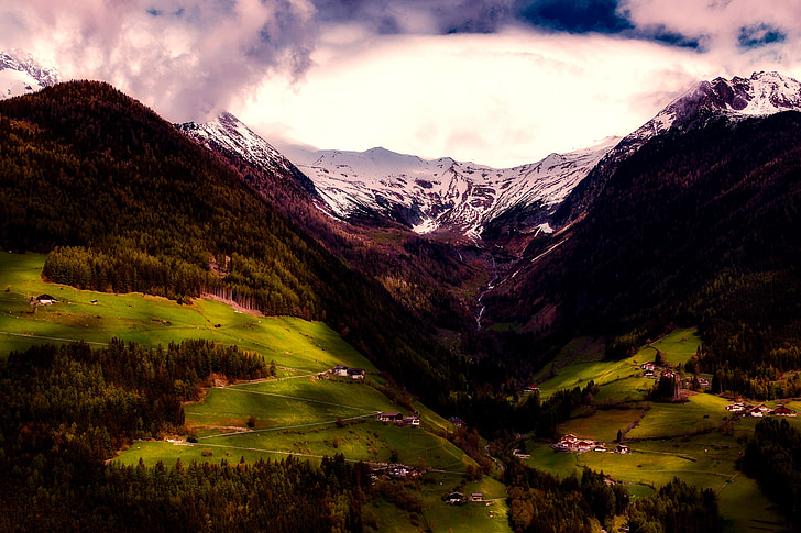Dolomites, Italie, montagnes, coucher de soleil, tombée de la nuit, vallée de, maisons