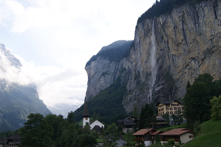 montaña, Suiza, roca, cascada, Inicio, aldea, cielo