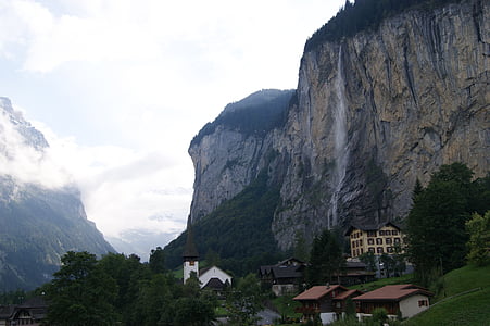 muntanya, Suïssa, Roca, cascada, casa, poble, cel