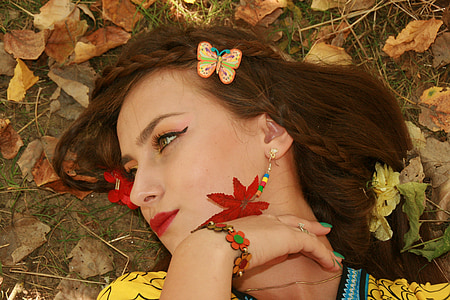 mergaitė, rudenį, lapai, Portretas, augalija, grožio, viliojanti