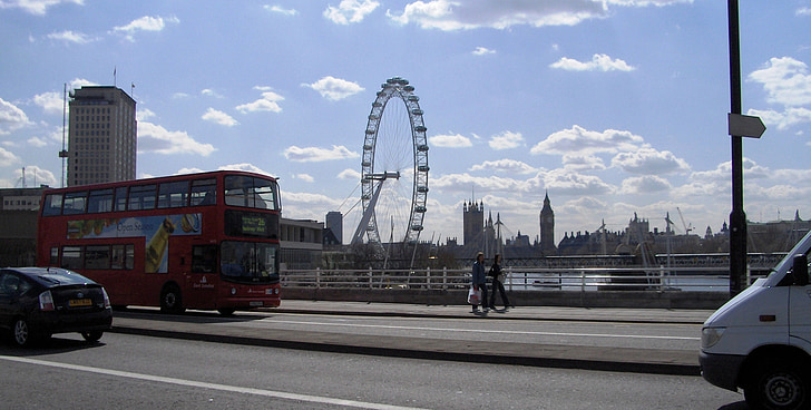 London eye, Londýn, Anglicko, Architektúra, vody, Most, autobus