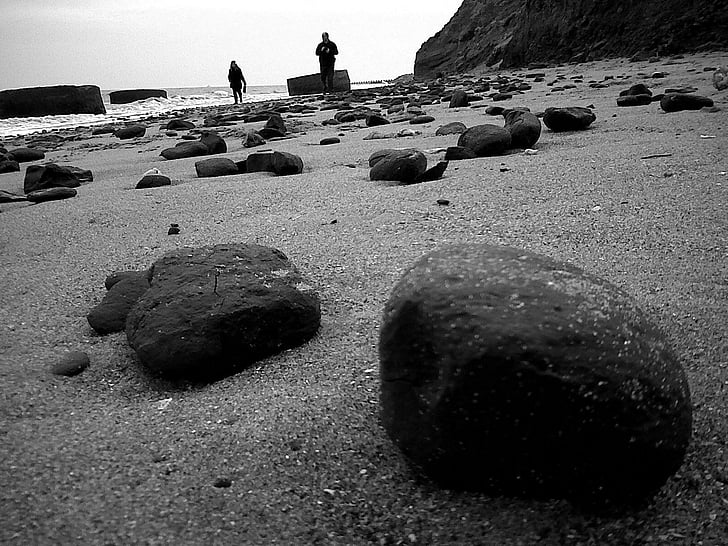 pebble, stone, beach, people, sand, sea, cliff