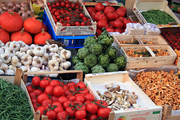 mercado, produtos hortícolas, comida, tomate, páprica, berinjela, saudável
