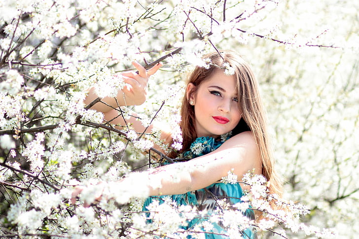 girl, flowers, spring, blue eyes, beauty, women, cherry Blossom