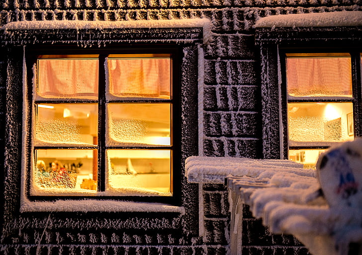 architettura, costruzione, camera, neve, inverno, finestra, vetro