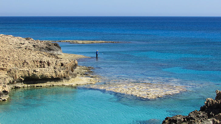 cyprus, ayia napa, rocky coast, fisherman, serenity, horizon