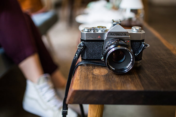 camera, accessory, konica, outdoor, travel, wooden, bench
