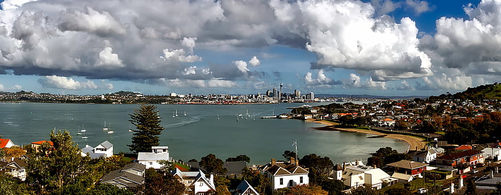 Aukland, Nya Zeeland, Bay, hamnen, fartyg, båtar, Panorama