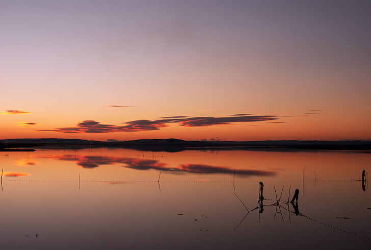 sunset, reflection, water, lake, range, environment, nature