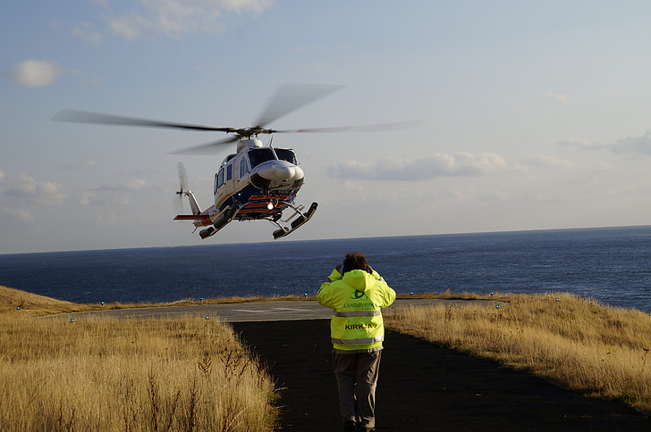 helicopter, helipad, färöer, landing, tarmac, ground staff