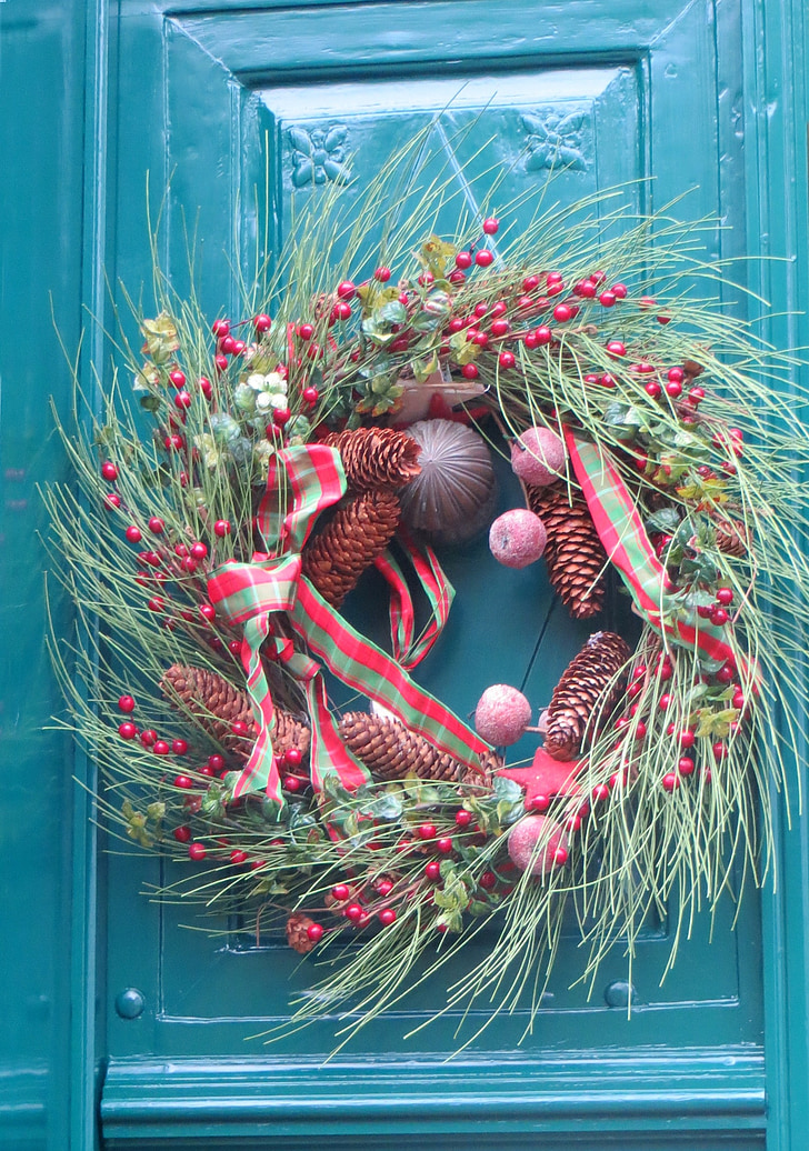 cửa, Trang trí, vòng hoa, Giáng sinh, chi nhánh, quả bóng, cửa bằng gỗ