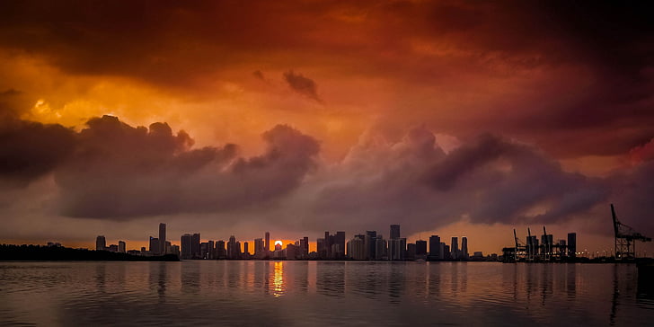 niebo, zachód słońca, Miami, Miami skyline, zachód słońca niebo, Chmura, pomarańczowy
