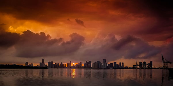 nebo, sončni zahod, Miami, Miami skyline, sončni zahod nebo, oblak, oranžna