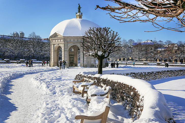 München, engelsk trädgård, Monopteros, vinter, snö, Landeshaupstadten, vintrig