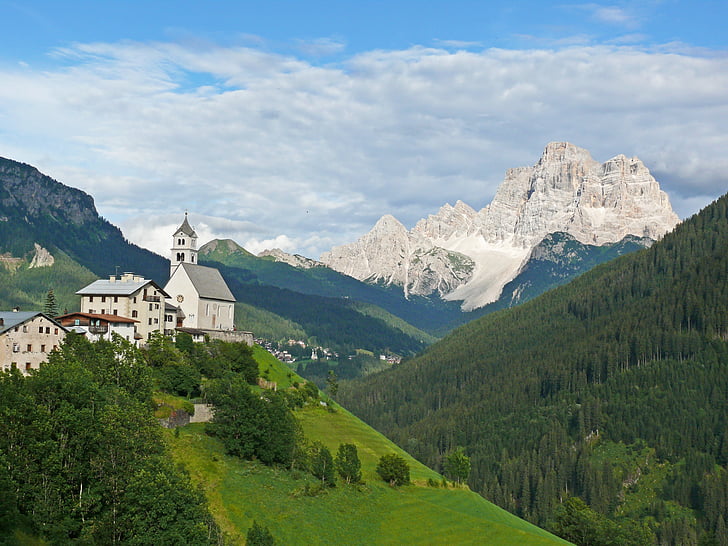 montanhas, Dolomitas, vila, montanha, natureza, Verão, dos Alpes