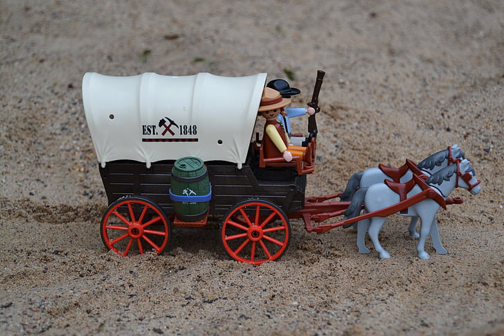 Playmobil, l’ouest, é.-u., l’Amérique, wagon couvert, prospecteur, trappeur