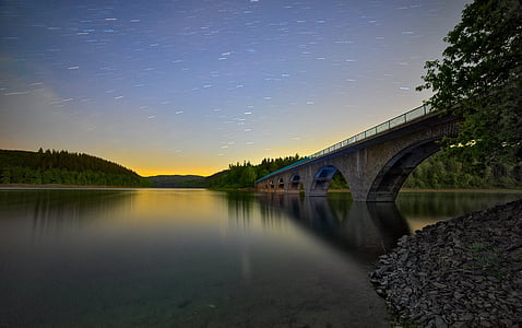 Astro, startrails, zvijezda, noć, most, jezero, vode
