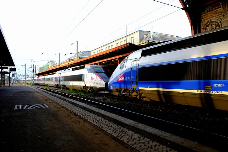 tgv 1 and 2 trailer, railway, french, high speed, remote traffic, electrical multiple unit, platform