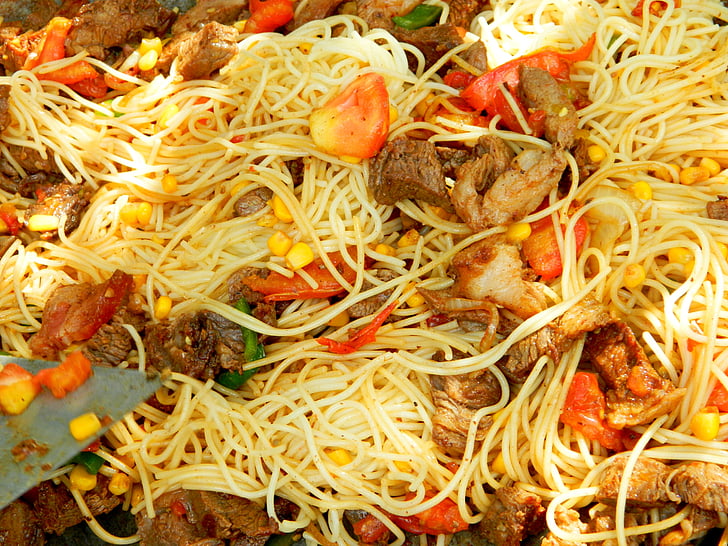 pasta sulla piastra, Spaghetti, cibo, pasta