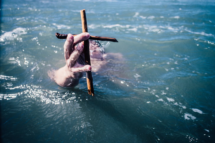 human, hand, holding, wooden, cross, body, water