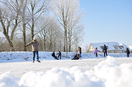 śnieg, jazda na łyżwach, lód, zimowe, Holandia, zabawa, biały