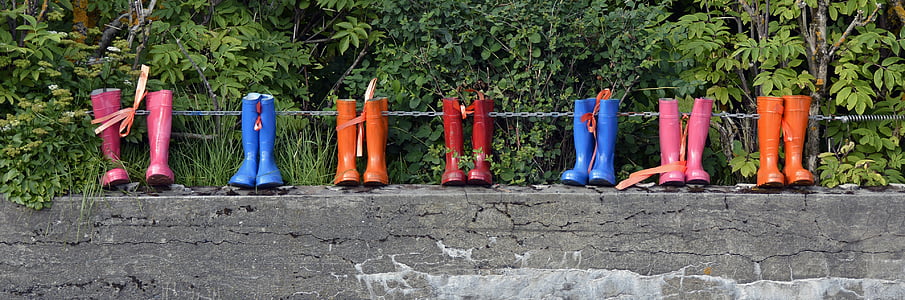 botes de goma, sabates, botes, pluja, Rosa, blau, taronja