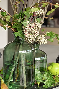 Deco, tafel decoratie, vaas, glas, groen, klimop, decoratie