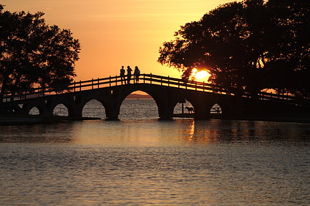 sunset, park, bridge, people, outdoor, sun, sky
