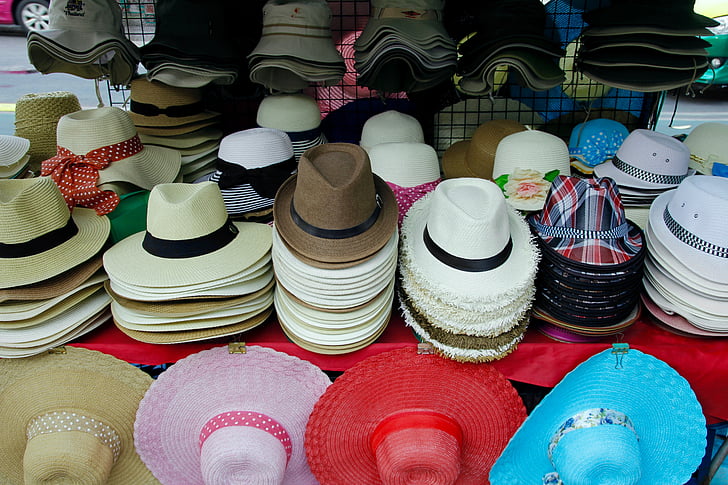 шапка, капачка, пазар, шапки, облекло, продажба, сламена шапка