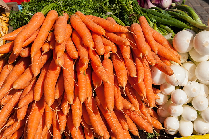 зеленчуци, моркови, лук, пазар, природата, зеленчуци, храна