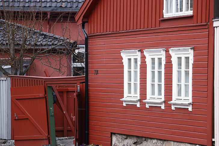 māja, čukurs, sarkana, logs, durvis, ēka, vecais