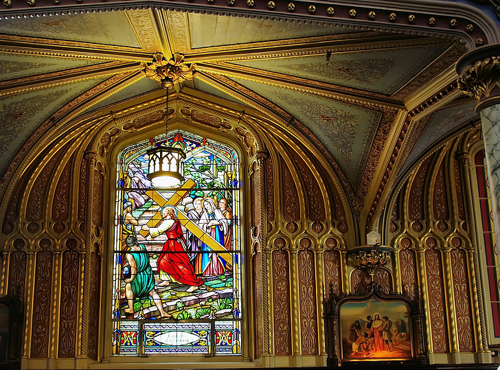 Canada, Ottawa, Kathedraal, Notre-dame gebrandschilderd glas, plafond, decoratie