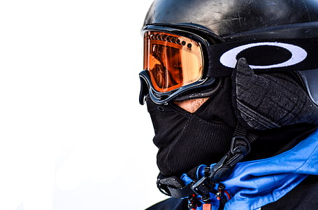 Close-up, occhiali di protezione, casco, persona, protezione, sci, inverno